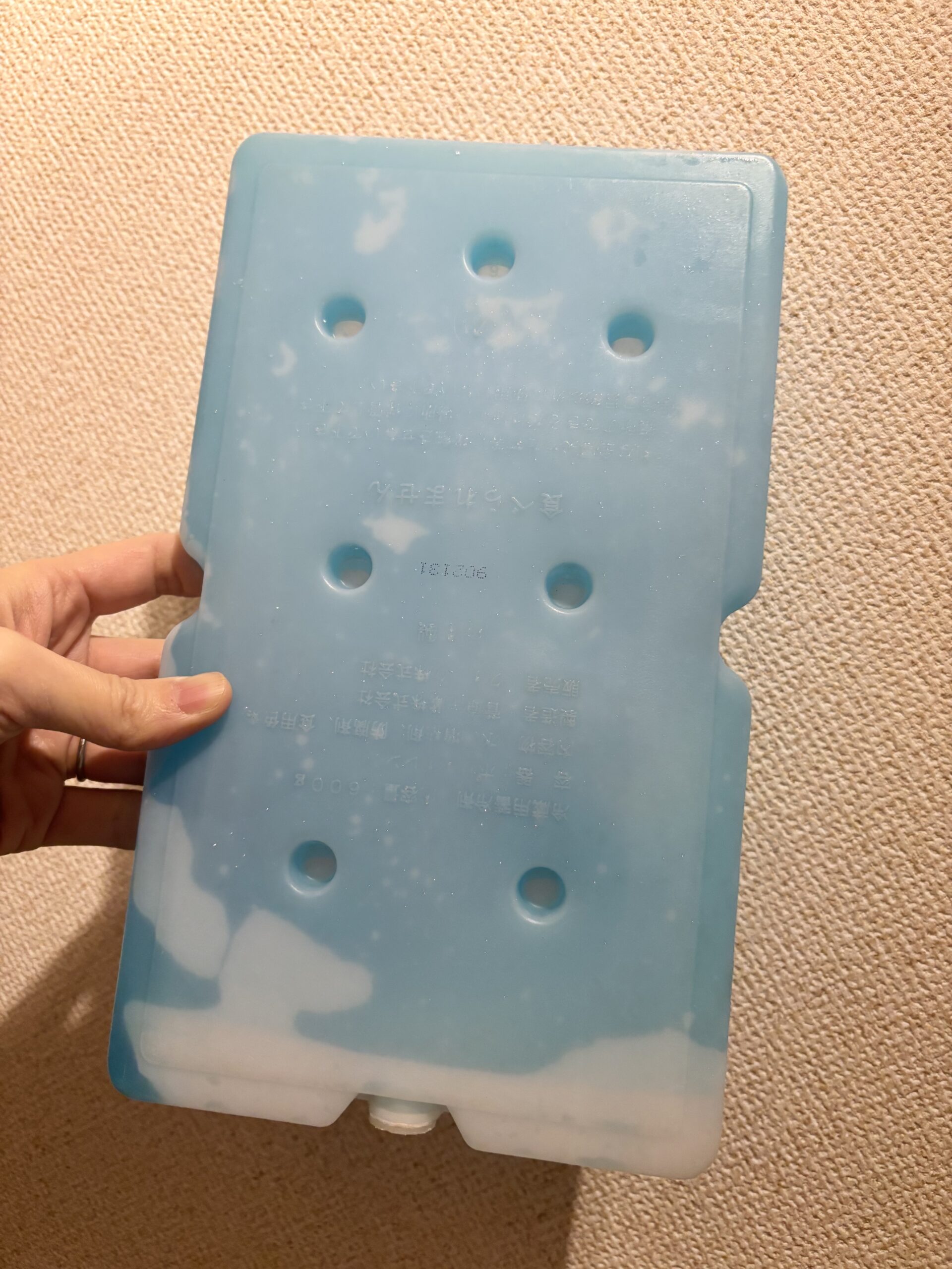 パルシステムの保冷剤を手に持ったところ。置き配から6時間後でも凍ったまま