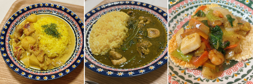 お料理セットで作ったマッサマンカレー・サグカレー・海鮮おこげ