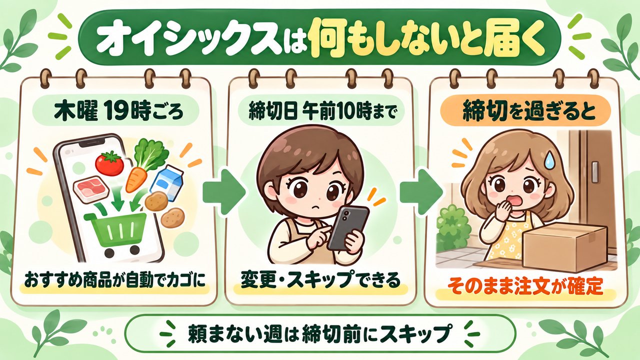 オイシックスの定期ボックスは木曜19時ごろにおすすめ商品が自動でカゴに入り、締切日午前10時までは変更やスキップができるが、締切を過ぎるとそのまま注文が確定することを示した図解