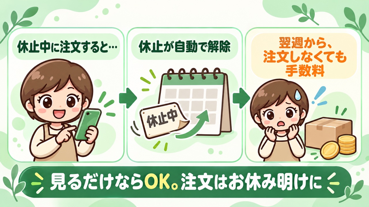 パルシステムの休止中に注文すると休止が自動で解除され、翌週から注文しなくても手数料がかかる流れを3コマで説明した図解