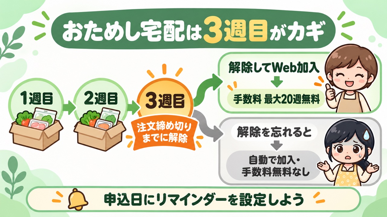 パルシステムのおためし宅配は3週目の注文締め切りまでに解除してWeb加入すると手数料が最大20週無料、解除を忘れると自動で加入し手数料無料が付かないことを示した図解