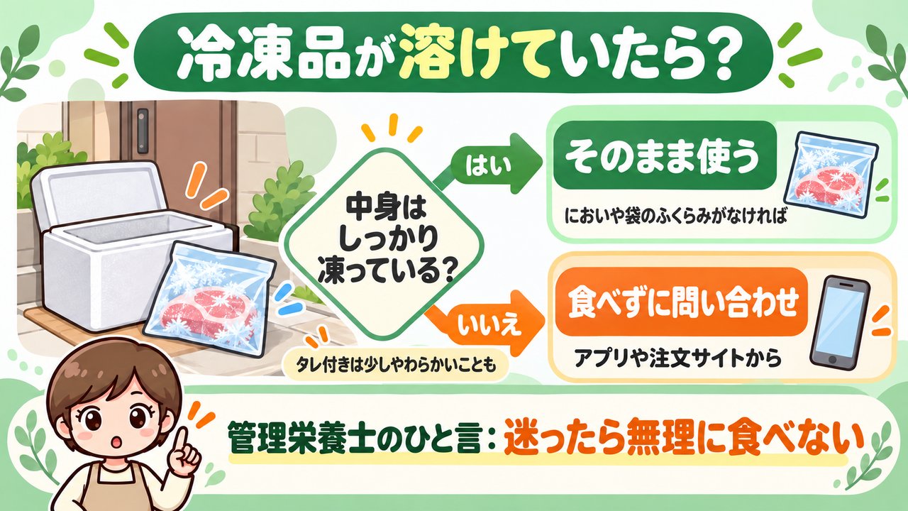 置き配で届いたパルシステムの冷凍品が溶けていたときの判断の分かれ道。中身がしっかり凍っていてにおいや袋のふくらみがなければそのまま使い、そうでなければ食べずにアプリや注文サイトから問い合わせる。タレ付きは少しやわらかいこともある。管理栄養士のひと言は迷ったら無理に食べない