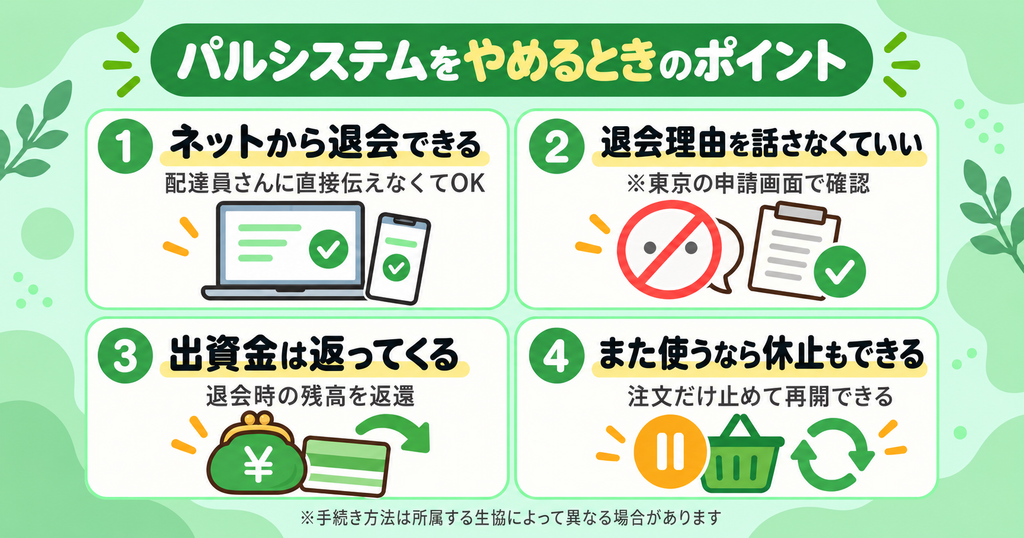 パルシステムをやめるときのポイント4つ。ネットから退会できる、退会理由を話さなくていい、出資金は返ってくる、また使うなら休止もできる